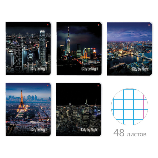 Тетрадь 48л. клетка АЛЬТ, скоба, глянцевый лак, Ночные города (5 видов), 7-48-727