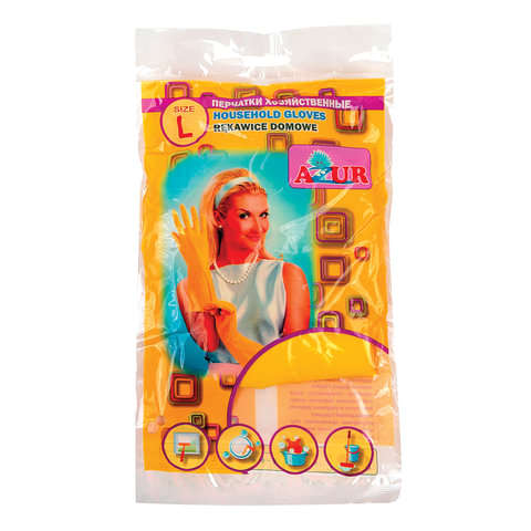 Перчатки хозяйственные резиновые YORK AZUR, с х/б напылением, рифленая ладонь, размер L (большой), 9