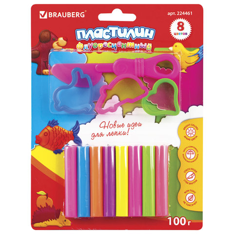 Пластилин BRAUBERG неоновый 8 цв., 100г, стек, 3 формочки, ВЫСШЕЕ КАЧЕСТВО (Тайланд), 224461