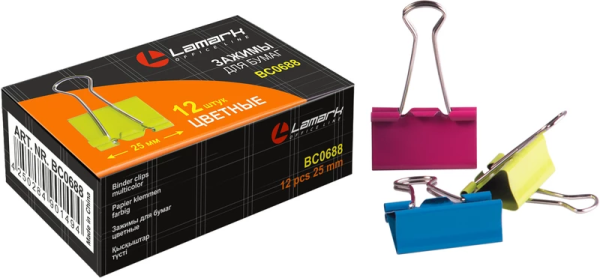 Зажимы для бумаг 25мм LAMARK, 12шт., до 100л., цветные, НЕОН Зажимы для бумаг 25мм LAMARK, 12шт., до 100л., цветные, НЕОН
