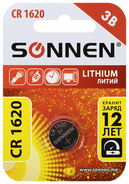 Батарейка литиевая SONNEN Lithium CR1620 "таблетка, дисковая, кнопочная" 1 шт., блистер, 455599