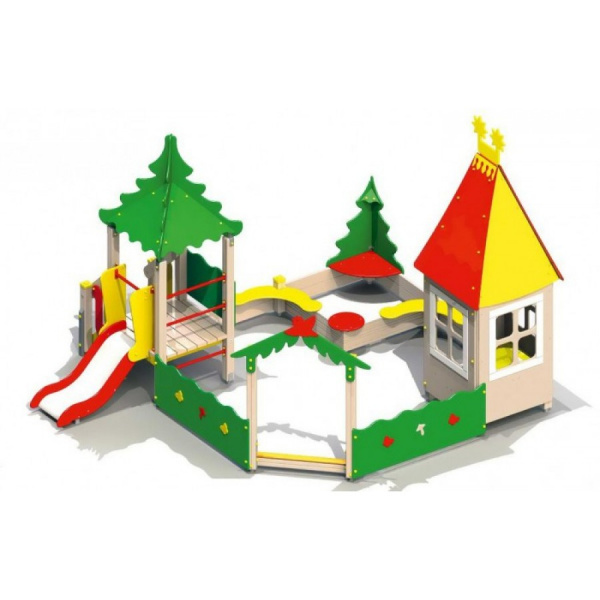 Песочный дворик с горкой "Домик на опушке", деревянный брус, 4820х4120 мм, Н=3550 мм