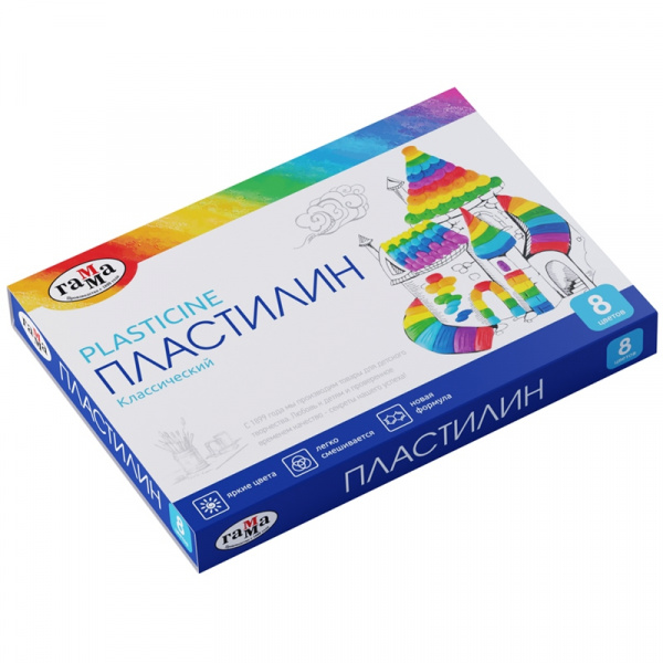 Пластилин Гамма "Классический", 08 цветов, 160г, со стеком, картон