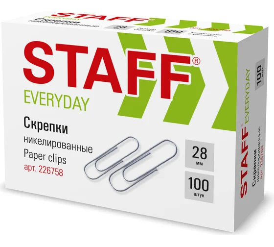 Скрепки STAFF 28 мм, никелированные, 100 шт., в картонной коробке, 226758