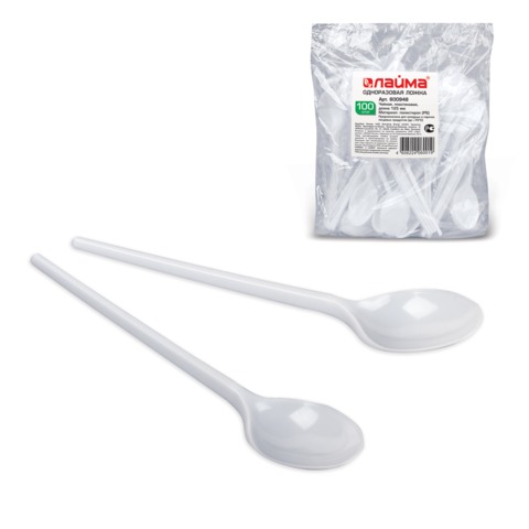 Одноразовые ложки чайные ЛАЙМА, КОМПЛЕКТ 100шт., пластиковые, 125мм, белые, 600948