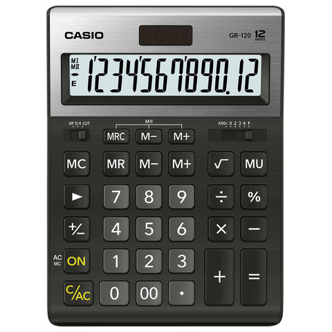 Калькулятор CASIO настольный GR-120-W, 12 разрядов, двойное питание, 210х155 мм, черный, металлическ