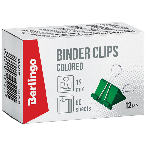 Зажимы для бумаг 19мм Berlingo, 12шт., цветные, картонная коробка