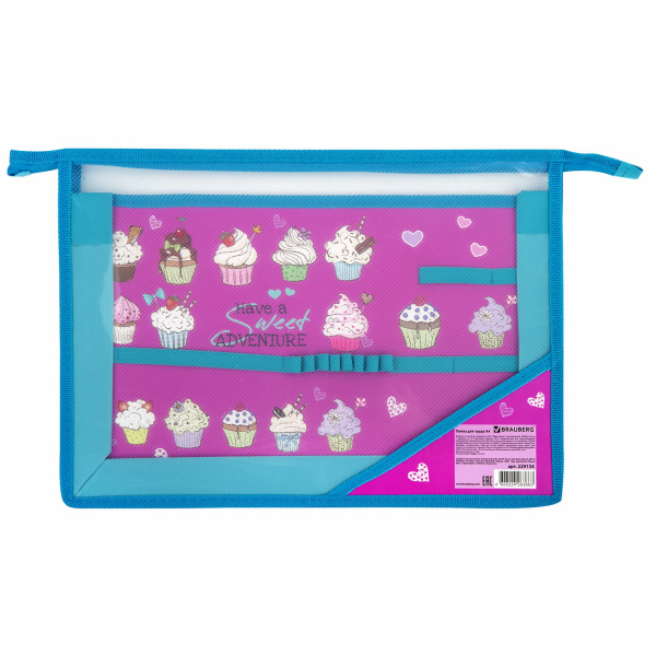 Папка для труда BRAUBERG А4, 2 отделения, пластик, молния сверху, органайзер, Cup Cakes, 229134