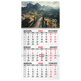 Календарь квартальный на 2026 г., 1 блок, 1 гребень, бегунок, офсет, BRAUBERG, "Горная долина", 1167