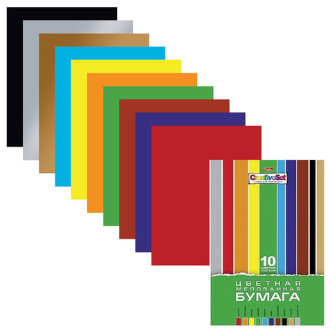 Цветная бумага А4 мелов, 10 л 10 цв, в папке, HATBER "Creative", 195х280 мм, 10Бц4м 05930, N050842