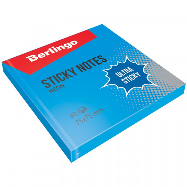 Блок самоклеящийся Berlingo "Ultra Sticky" 75*75мм 80л,, синий неон