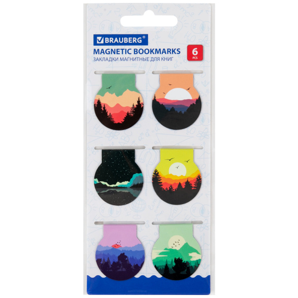 Закладки для книг МАГНИТНЫЕ, "SUNSET", набор 6 шт., 32х28мм, BRAUBERG, 113169