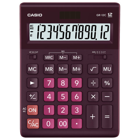 Калькулятор настольный CASIO GR-12С-WR (210х155 мм), 12 разрядов, двойное питание, БОРДОВЫЙ, GR-12C-