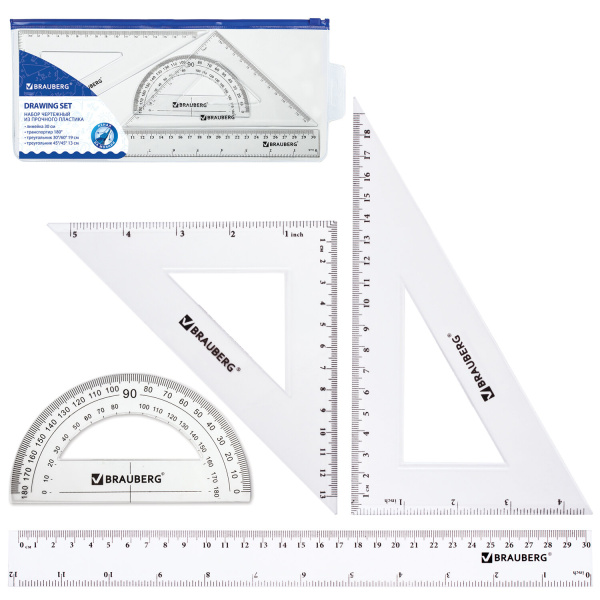 Набор чертежный большой BRAUBERG "Quantum" (линейка 30см, 2треуг, тр-тир)конв.на молн,подвес,210308