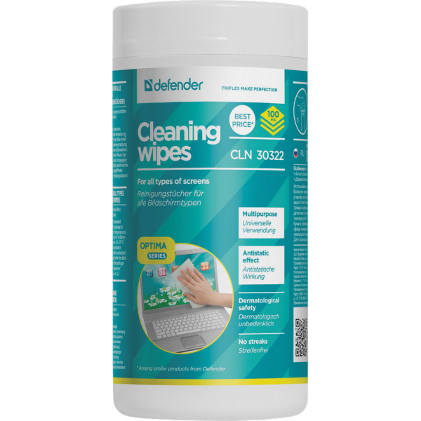 Чистящие салфетки DEFENDER CLN30322, для мониторов всех типов, в тубе, 100 шт, 30322