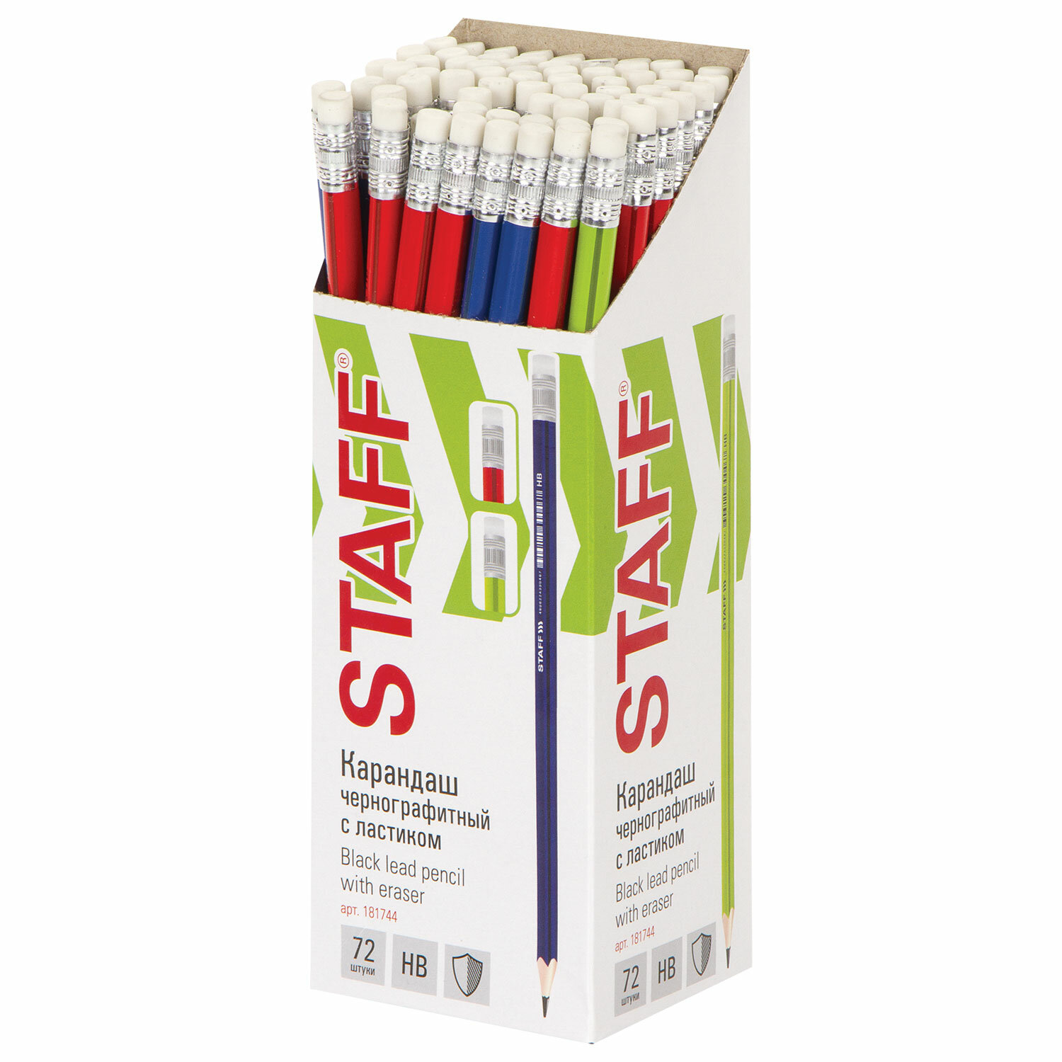 Карандаш чернографитный STAFF College, 1 шт., НВ, с ластиком, пластиковый, корпус ассорти, 181744