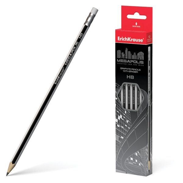 Карандаш ч/гр ERICH KRAUSE "Megapolis", HB, с резинкой, серебристый корпус, 328605