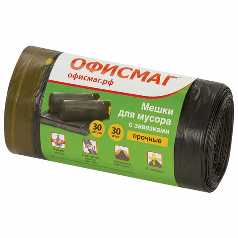 Мешки д/мусора 30л с завязками ОФИСМАГ в рулоне 30шт., ПНД 10 мкм, 45х57 см (±5%), черные