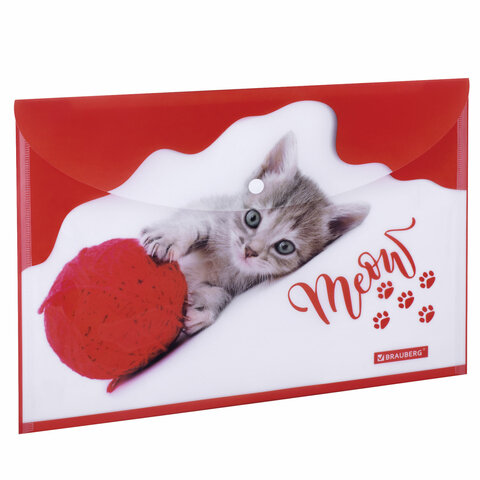 Папка-конверт с кнопкой BRAUBERG "FUNNY CAT", А4, 160 мкм, цветная печать