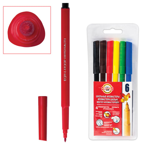 Фломастеры KOH-I-NOOR "Животные" 6цв, смываемые, трехгранные, европодвес, 771002JF04TERU