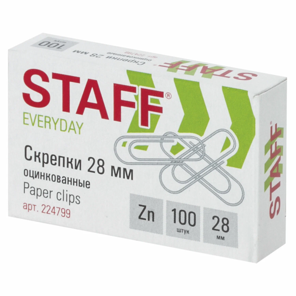 Скрепки STAFF 28 мм, оцинкованные, 100 шт., в карт. коробке, РОССИЯ