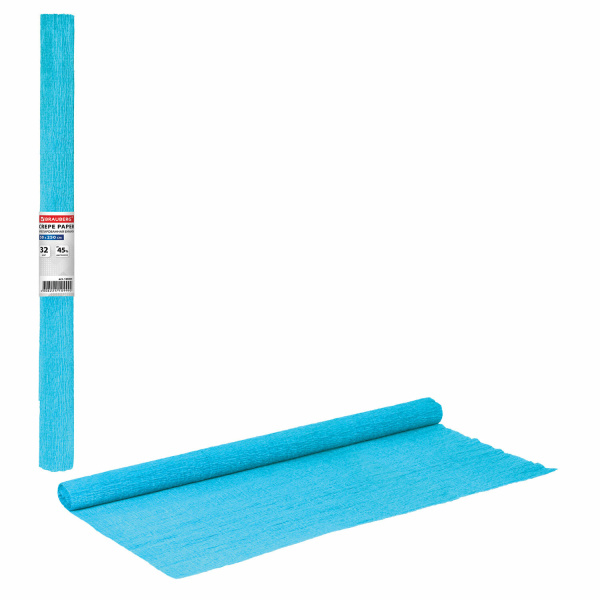 Цветная бумага КРЕПИРОВАННАЯ BRAUBERG, ПЛОТНАЯ, растяжение до 45%, 32г/м,рулон,голуб,50*250см,126534