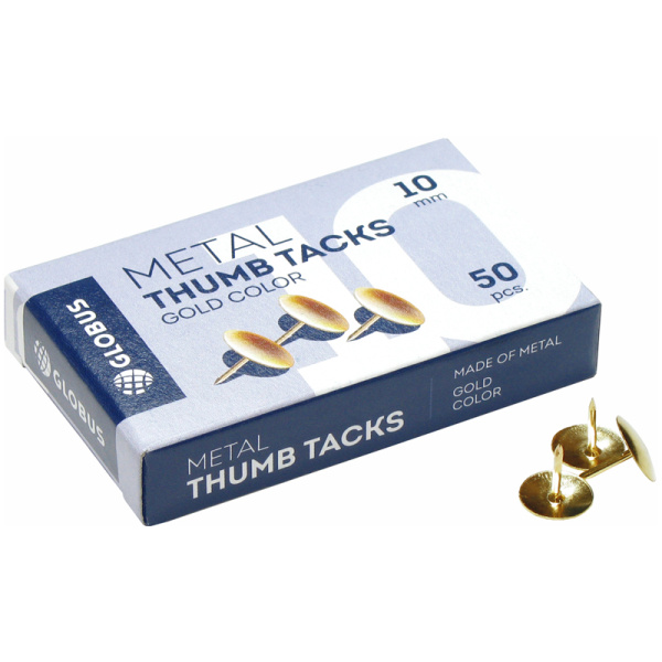Кнопки канцелярские/гвоздики Globus, золотистые, 10мм, 50шт., карт. упак.