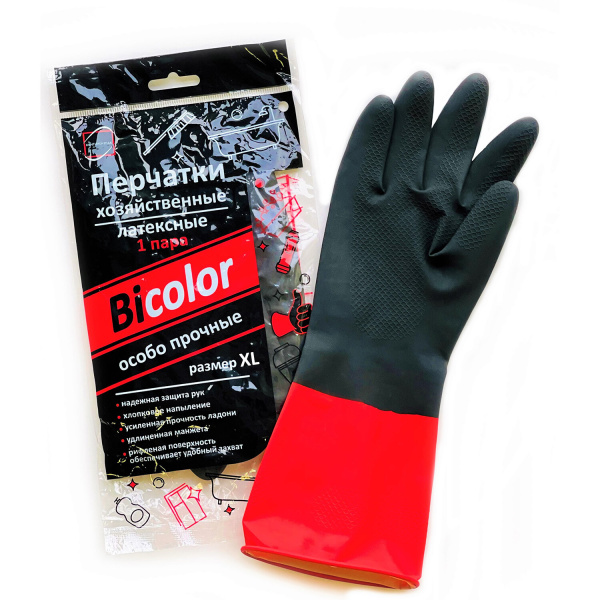 Перчатки МНОГОРАЗОВЫЕ латексные BiColor черно-красные, хлопчатобумажное напыление, размер XL (очень 