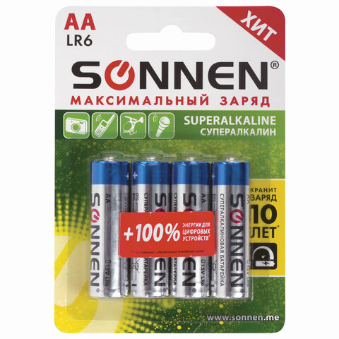 Батарейка SONNEN, AA (LR6), SONNEN Super Alkaline, алкалиновые, 1.5В, 451094