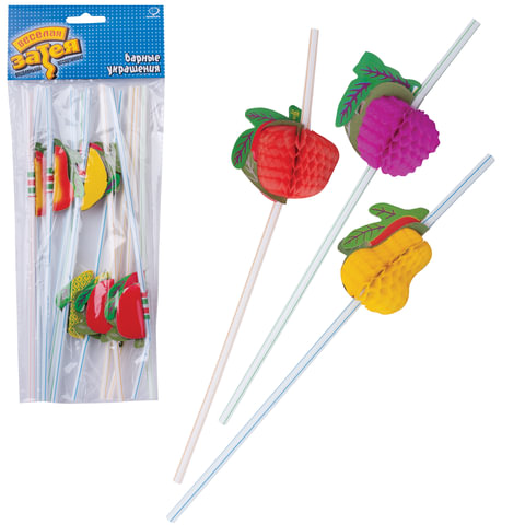 Праздничная трубочка для коктейля Фрукты, КОМПЛЕКТ 12шт., разноцвет., в упак. с европодвесом, 1502-0