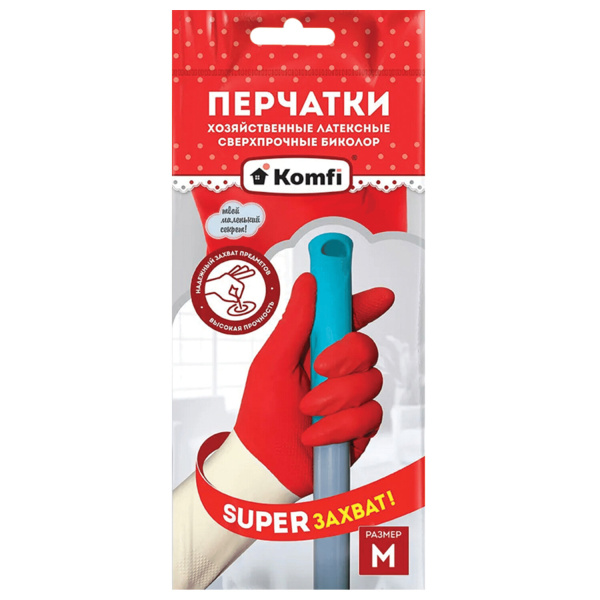 Перчатки МНОГОРАЗОВЫЕ латексные БИКОЛОР ПРОЧНЫЕ, бело-красные, размер M, вес 70 г, Komfi, ADM, 25813