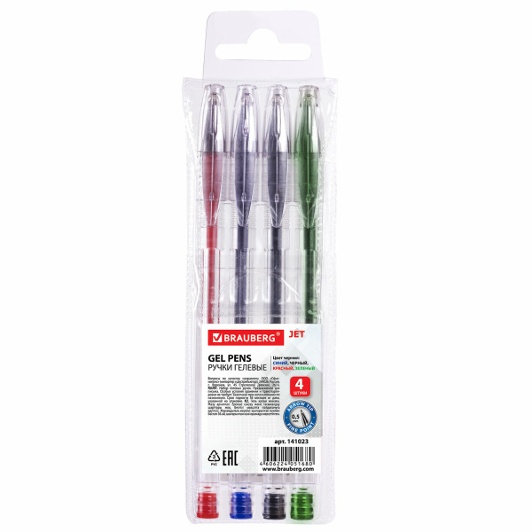 Ручки гелевые BRAUBERG, НАБОР 4шт, "Zero", корп.прозр, 0,5мм, европодвес, 141023, (син,чер, кр, зел)