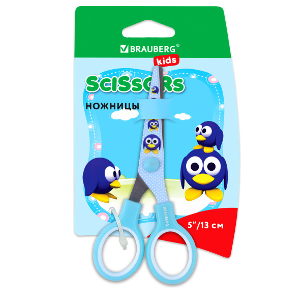 Ножницы BRAUBERG "Пингвин" 130мм, с цветной печатью, в картонной упаковке с европодвесом, 232271
