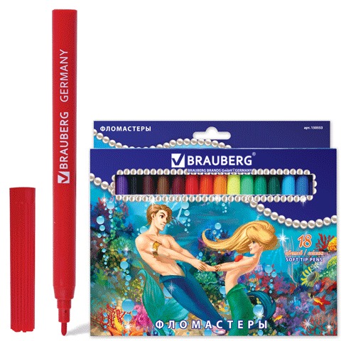 Фломастеры BRAUBERG "Ocean Love" (Морские истории)18цв,вент.колп,карт.упак.с блест,ув.срок сл,150553