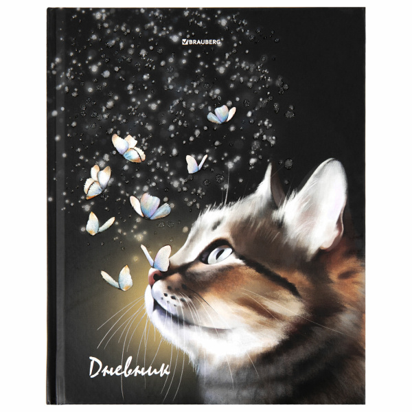Дневник 1-4 класс 48л, твердый, BRAUBERG, блестки, с подсказом, Котик, 106364