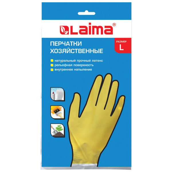 Перчатки МНОГОРАЗОВЫЕ латексные LAIMA "СТАНДАРТ", хлопчатобумажное напыление, ПЛОТНЫЕ, размер L 