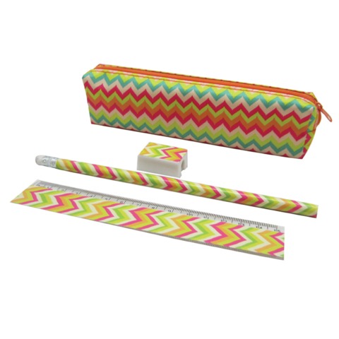 Пенал-косметичка BRAUBERG, с НАПОЛНЕНИЕМ (линейка, карандаш, точилка), ЗИГЗАГ, 19*4*3см