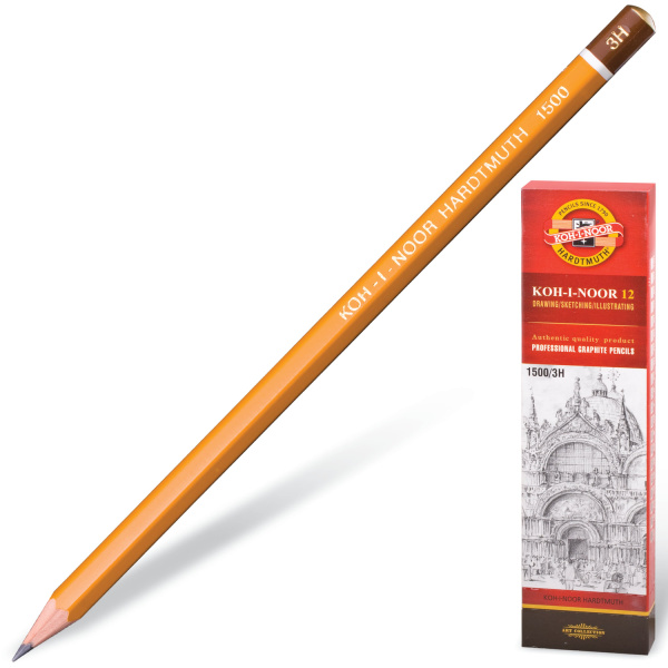 Карандаш ч/гр KOH-I-NOOR 1500 3H, корпус желтый, без резинки, заточенный, картонная упаковка  Карандаш ч/гр KOH-I-NOOR 1500 3H, корпус желтый, без резинки, заточенный, картонная упаковка