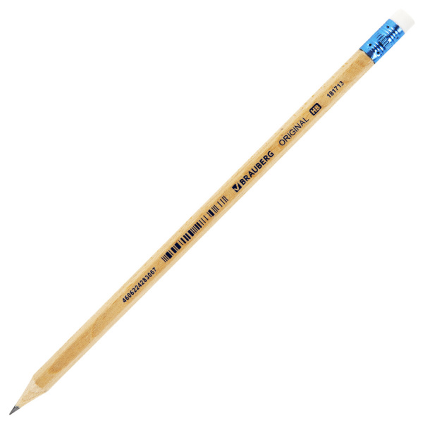 Карандаш чернографитный BRAUBERG "ORIGINAL", 1 шт., HB, с ластиком, некрашеный корпус