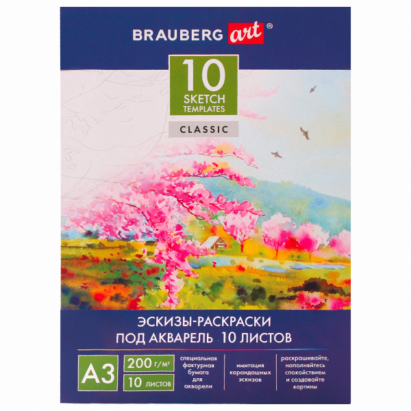 Папка для акварели С ЭСКИЗОМ, БОЛЬШАЯ А3, 10 л., 200 г/м2, BRAUBERG, 110065, 111065
