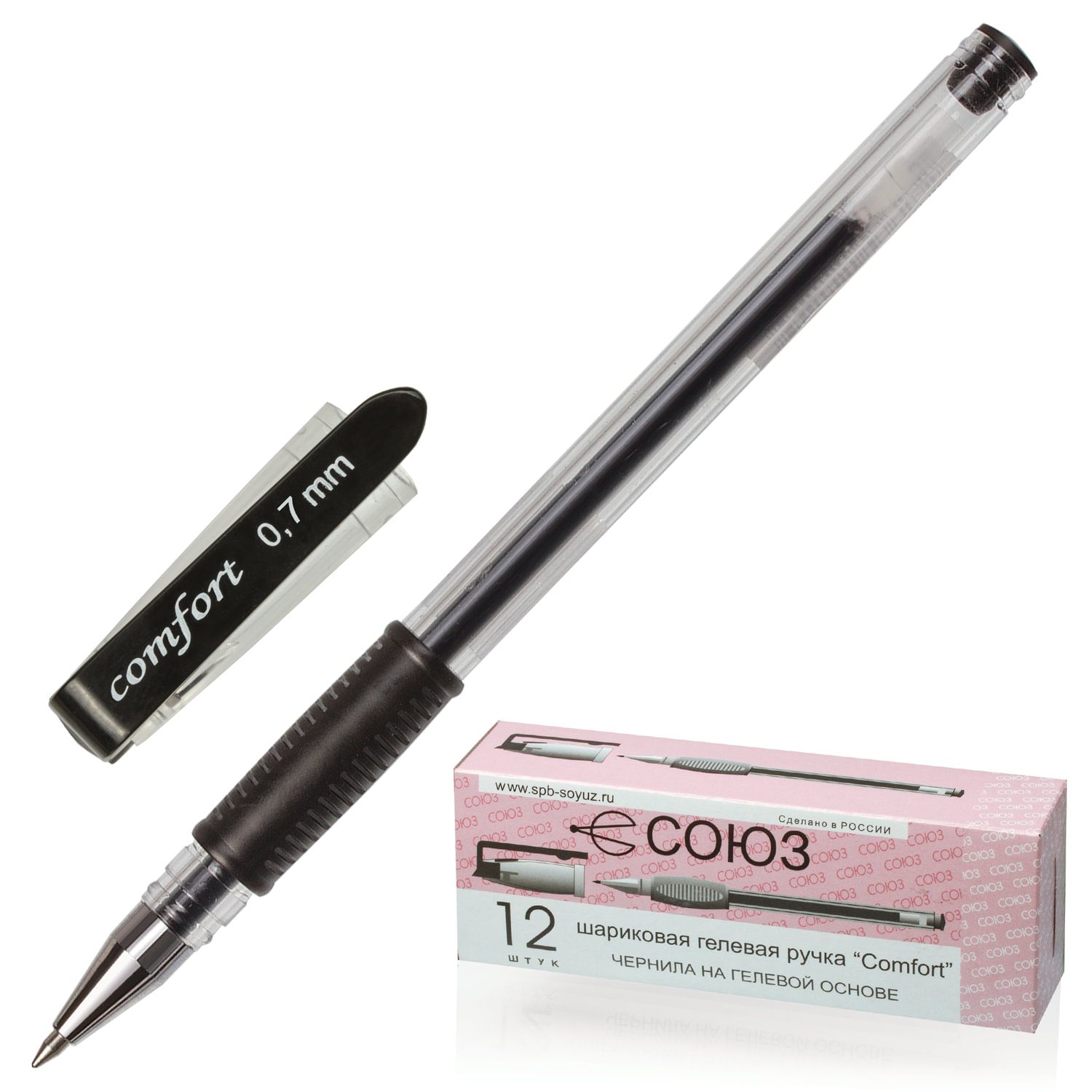 Ручка гелевая СОЮЗ "Comfort", корпус прозрачный, резин.держат., толщина письма 0,7мм, РГ 166-02,черн