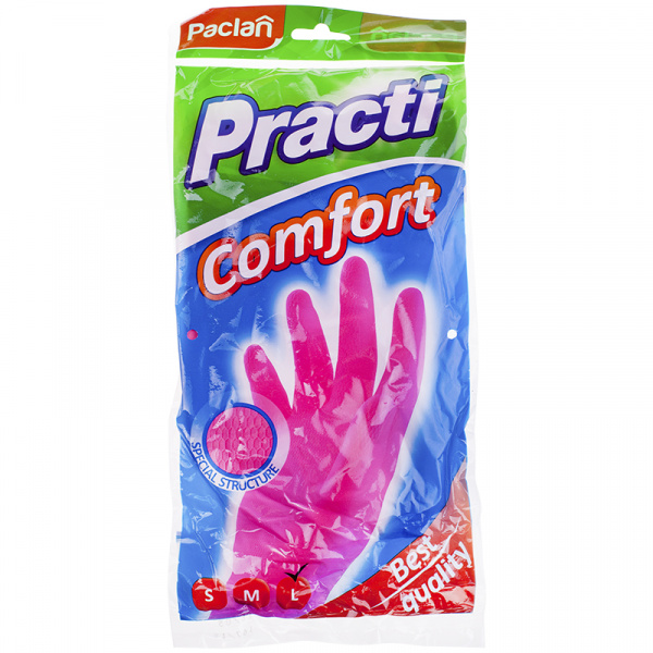 Перчатки резиновые Paclan "Practi.Comfort", р.М, розовые, пакет с европодвесом