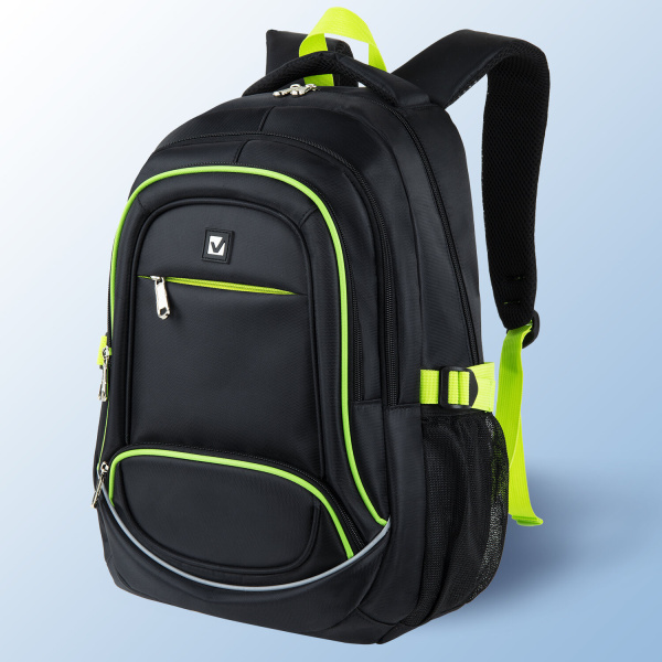 Рюкзак BRAUBERG HIGH SCHOOL универсальный, 3 отделения, Акцент, черный/салатовый, 46х31х18 см,270761 Рюкзак BRAUBERG HIGH SCHOOL универсальный, 3 отделения, Акцент, черный/салатовый, 46х31х18 см,270761