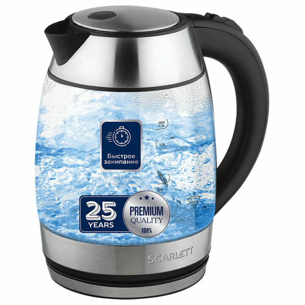 Чайник SCARLETT SC-EK27G94, 1,7 л, 2200Вт, закрытый нагревательный элемент, стекло, черный