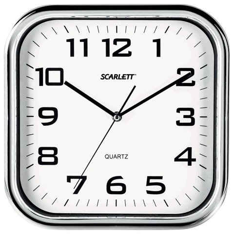 Часы настен. SCARLETT SC-WC1003O квадрат, белые, серебрист.рамка, пластик, плавный ход 30х30х4,6см