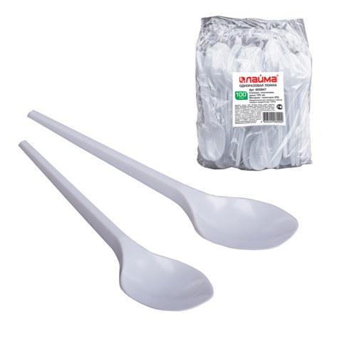 Одноразовые ложки столовые ЛАЙМА, КОМПЛЕКТ 100шт., пластиковые, 165мм, 600947
