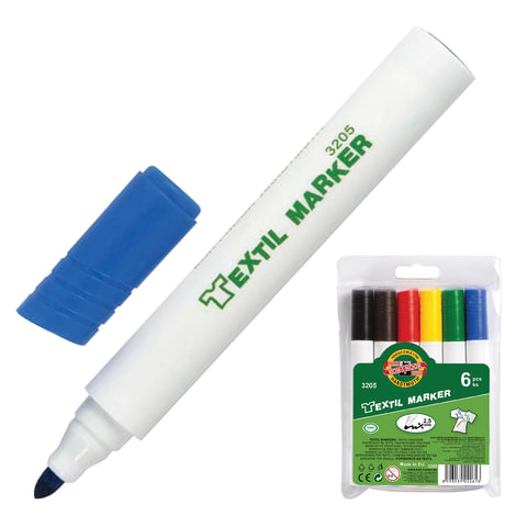 Маркеры текстильные KOH-I-NOOR, НАБОР 6шт, круг.нак. 2,5 мм, (чер,кор,кр,желт,зел,син), 773205JF01TE