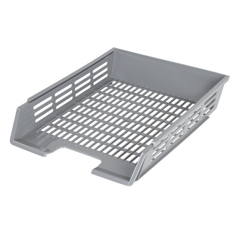 Лоток горизонтальный для бумаг BRAUBERG "Basic", А4 (360х270х75 мм), с пазами, сетчатый, серый, 2370