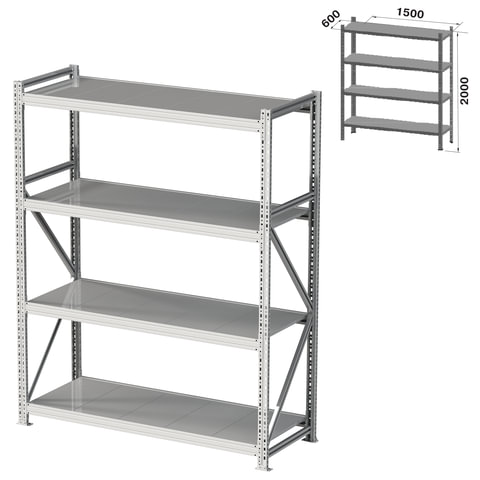 Стеллаж металлический грузовой ПРАКТИК "MS Pro", 2000х1500х600 мм, 4 полки (КОМПЛЕКТ) 