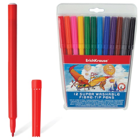 Фломастеры ERICH KRAUSE 12цв, суперсмываемые, вент. колпачок, пласт. упак, европодвес, 33050
